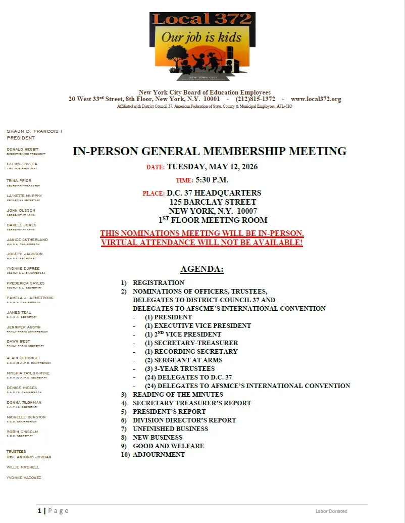 Local 372 Notice of Nominations of Officers and Delegates 2026 - Page 1