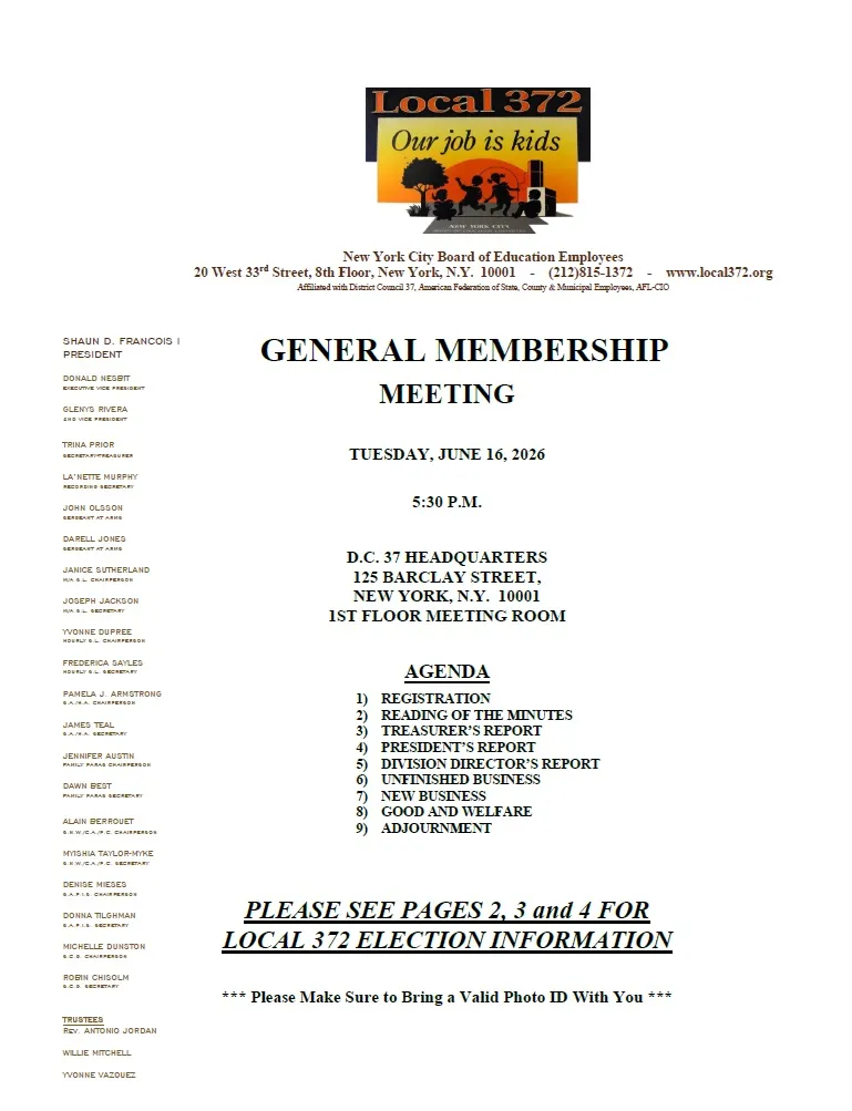 Local 372 Notice of Election of Officers and Delegates 2026